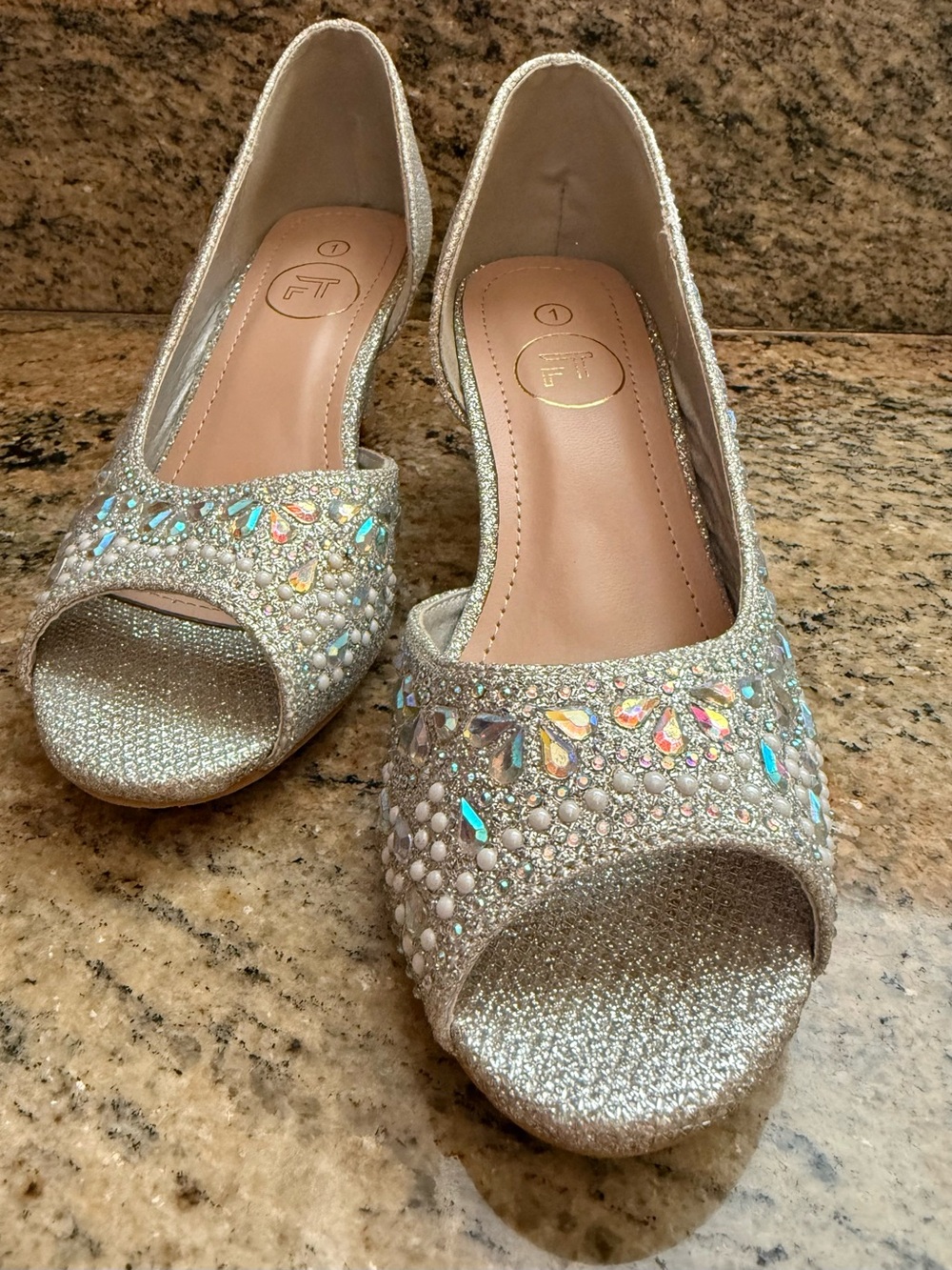 Girls' Fancy Silver Sparkle Rhinestone Embellished Open-Toe Dress Heels | Size 1